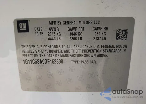 2016 Chevrolet Malibu Limited Lt из США, поврежденный, VIN 1G11C5SA9GF162398